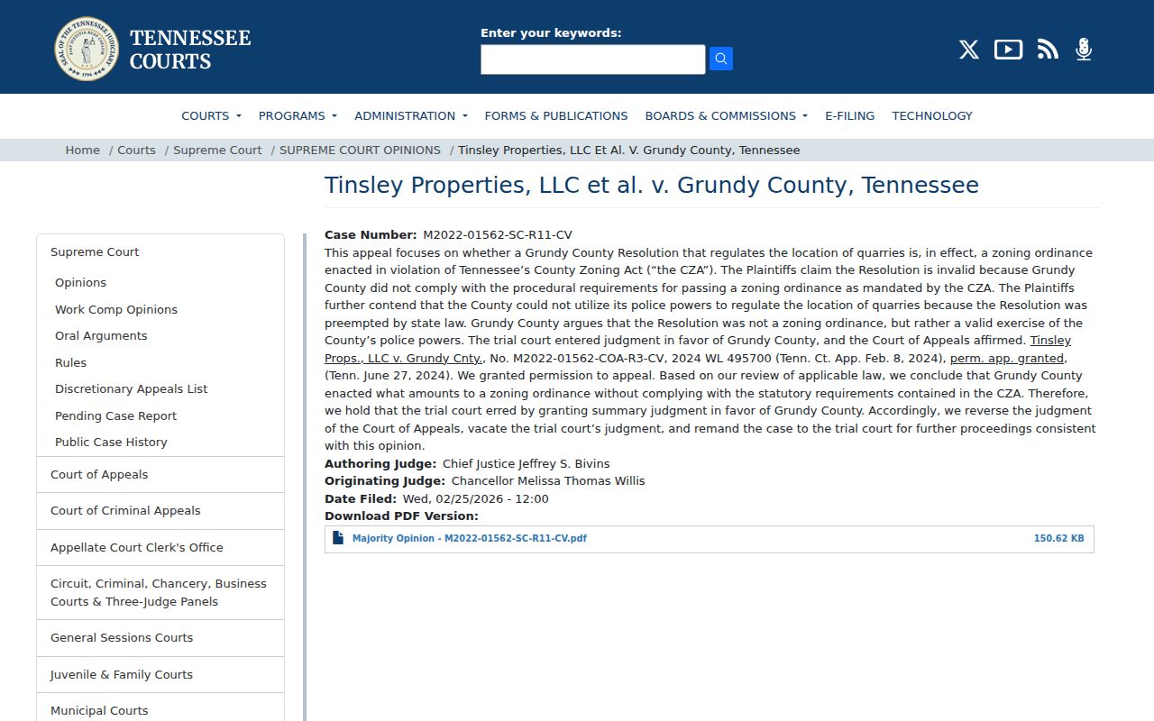 Grundy County court calendar Tennessee Supreme Court opinion