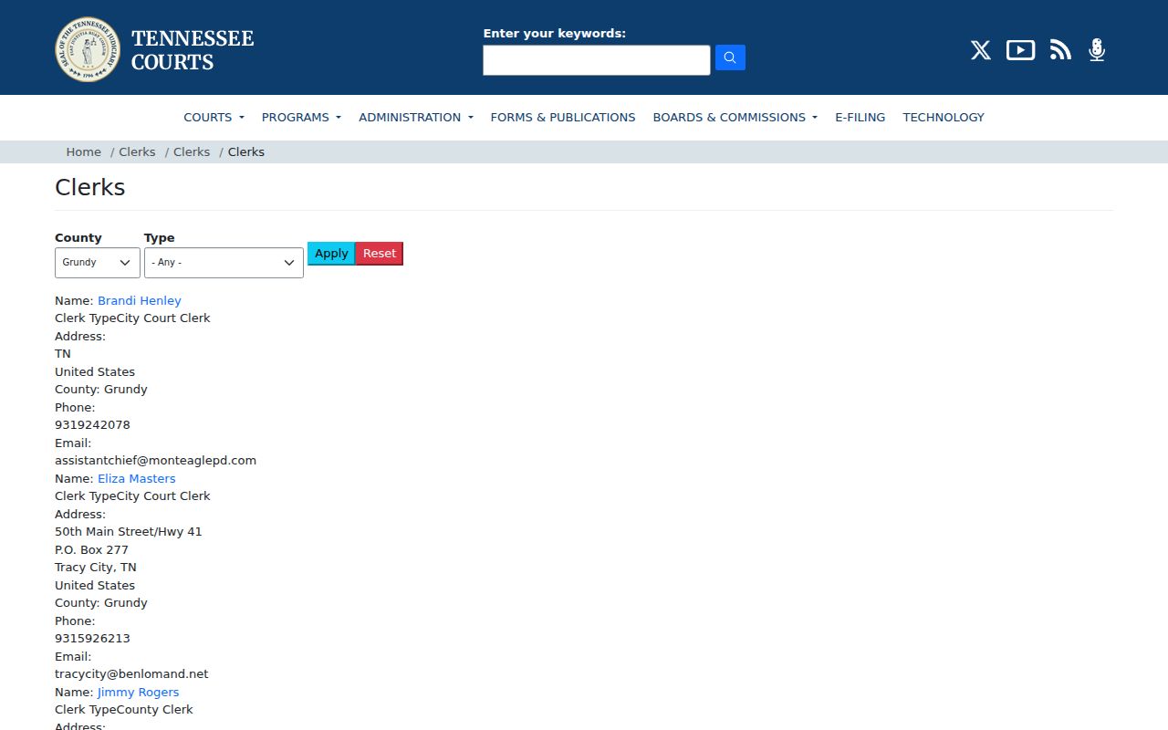 Tennessee clerk directory for Grundy County docket records